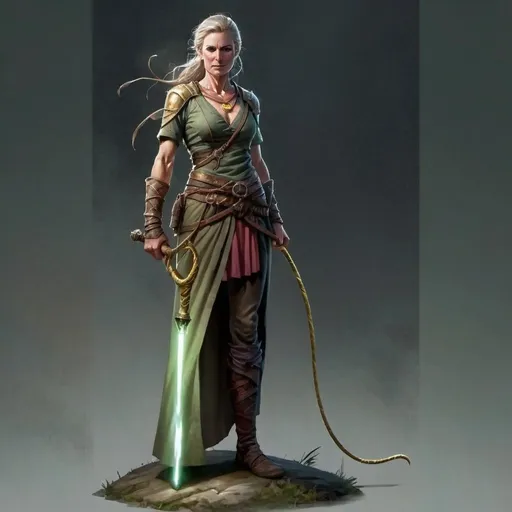 Prompt: Middle aged druid woman with a long glowing golden whip, modest dress with long skirt, fantasy art, Dungeons and dragons, highres, detailed, green and brown dress, mystical, fantasy, atmospheric lighting, enchanting, nature-themed, intricate details, powerful, majestic