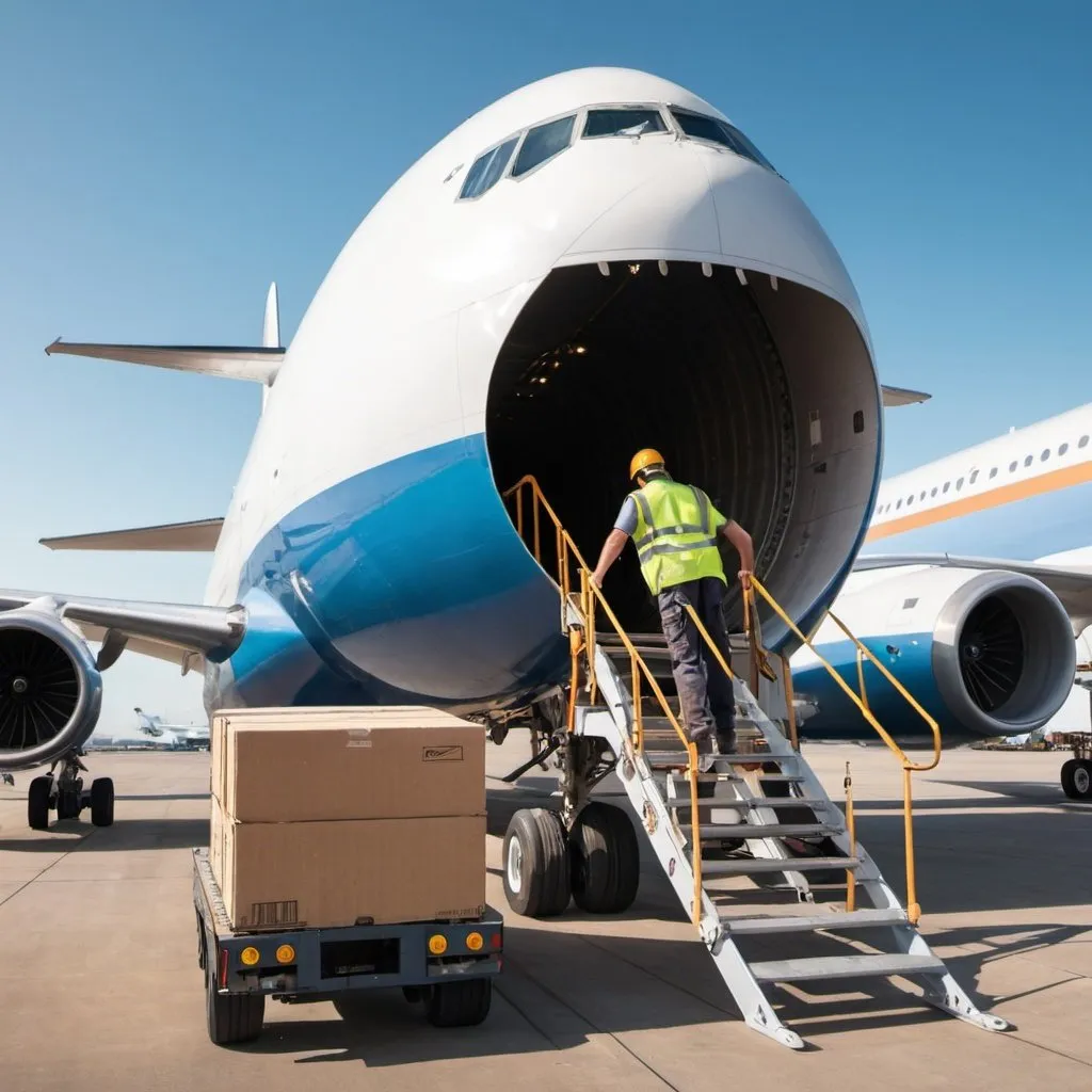 Prompt: Create an image showing a guy loading cargo freights into a cargo airplane for Zubion Logistics