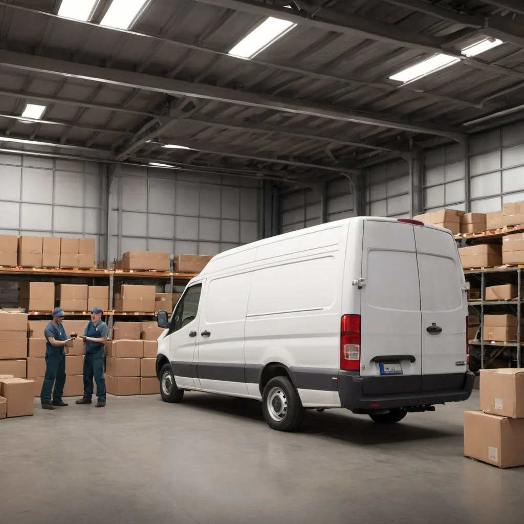 Prompt: Create an image showing warehouse staff inside the warehouse loading a cargo van and truck