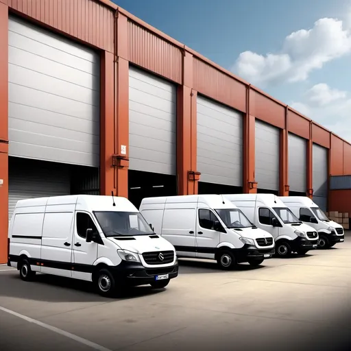 Prompt: Realistic illustration of Zubion Logistics delivery vans, parked in front of a warehouse, waiting to be loaded, realistic style, commercial, detailed vehicles, industrial setting, branding visible, highres, commercial art, realistic lighting, professional, urban scene, detailed shadows, industrial, warehouse setting, loading process