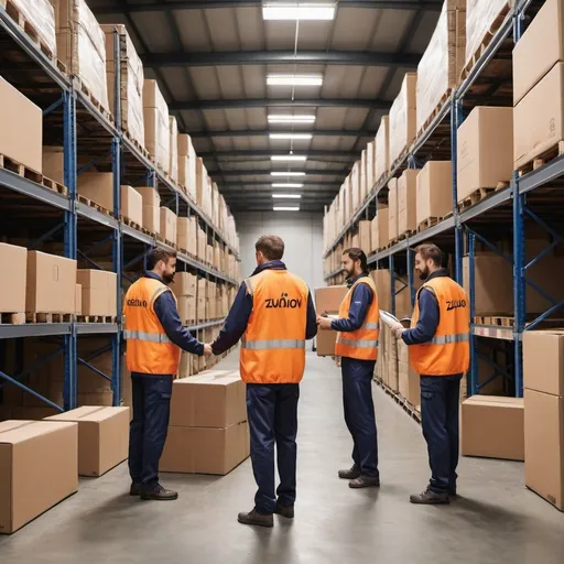 Prompt: Create an image showing warehouse staff inside the warehouse loading a cargo multiple van. Let Zubion Logistics brand be visible somewhere in the warehouse on the Van, and the reflective jacket of the staff and the boxes