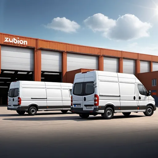 Prompt: Realistic illustration of Zubion Logistics delivery vans, parked in front of a warehouse, waiting to be loaded, realistic style, commercial, detailed vehicles, industrial setting, branding visible, highres, commercial art, realistic lighting, professional, urban scene, detailed shadows, industrial, warehouse setting, loading process