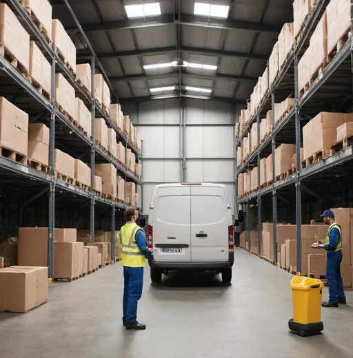 Prompt: Create an image showing warehouse staff inside the warehouse loading a cargo multiple van