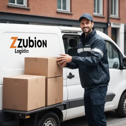 Prompt: Create an image of delivery driver making a delivery from his van in downtown Calagry. Let Zubion Logistics brand be visible somewhere on the Van, and the reflective jacket of the staff and the boxes