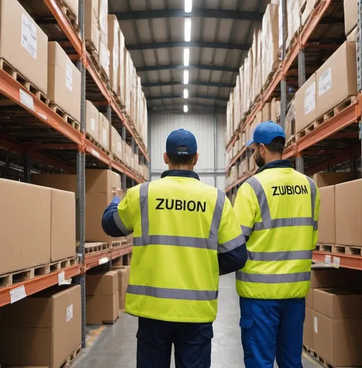 Prompt: Create an image showing warehouse staff inside the warehouse loading a cargo multiple van. Let the boxes and the van have Zubion Logistics on them. Let warehouse staff wear reflective jacket with Zubion Logistics at the back of the jacket