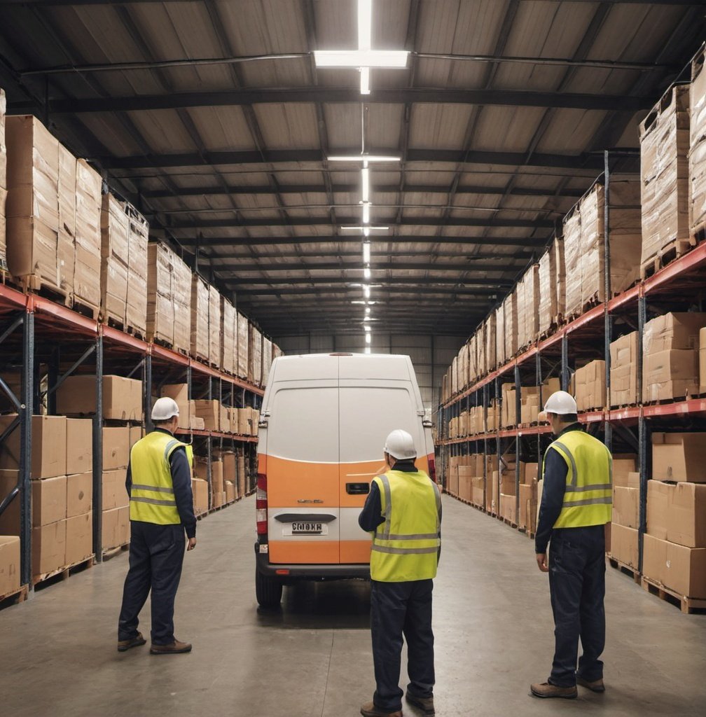 Prompt: Create an image showing warehouse staff inside the warehouse loading a cargo multiple van