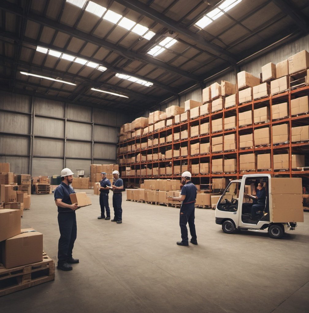 Prompt: Create an image showing warehouse staff inside the warehouse loading a cargo multiple van