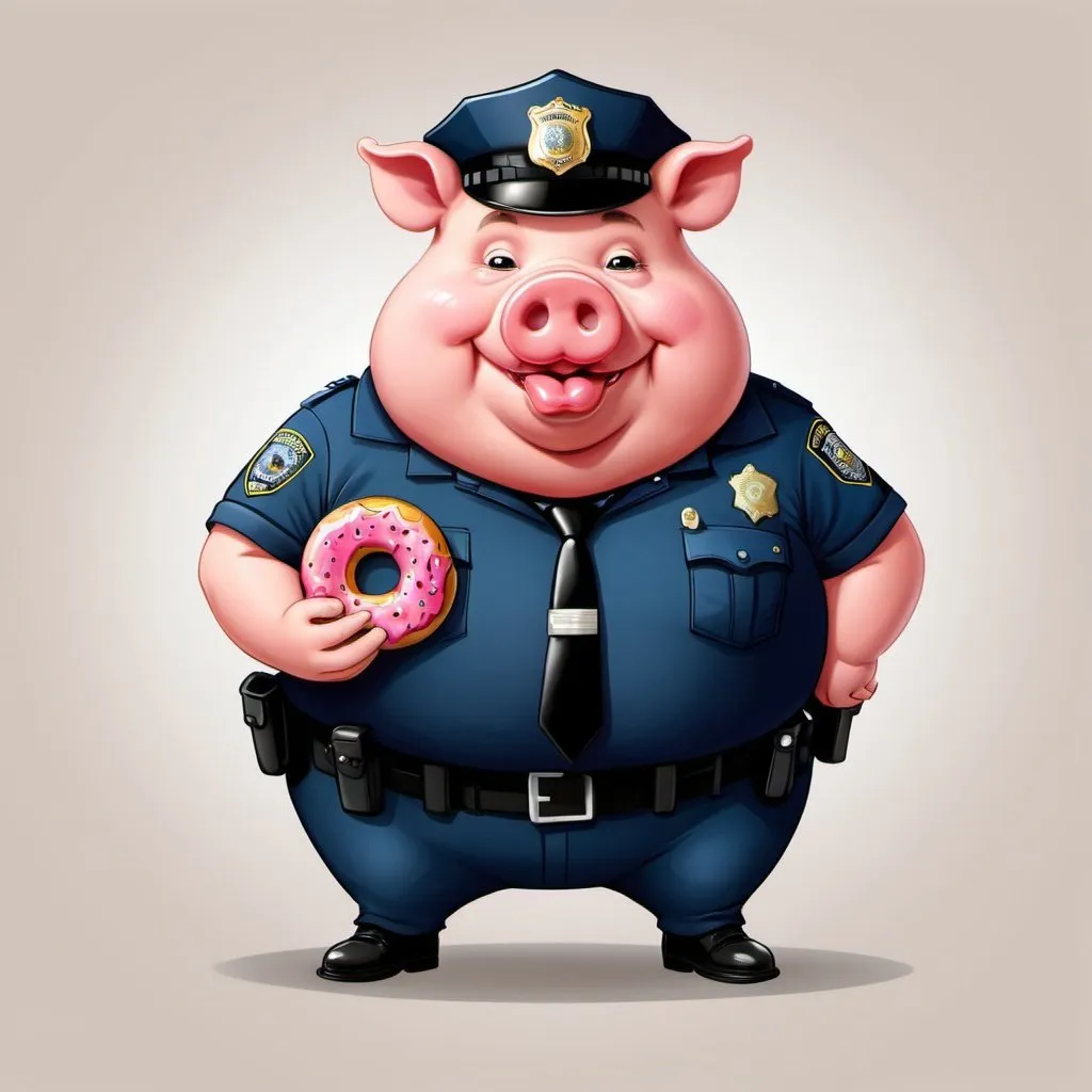 Prompt: Draw a cartoon like fat pig, that is sitting down, holding a donut, and dressed like a police officer.