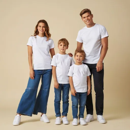 Prompt: can you make a family wearing shirt in a plain background
