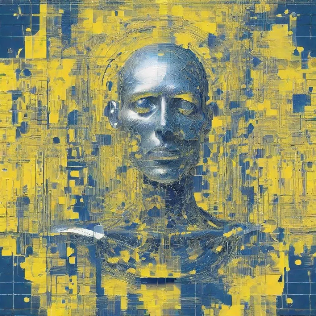 Prompt: Codigo Ergo Sum is a place where technology, the philosophy of technology, artificial intelligence and the experiences of developers, philosophers and poets come together to express themselves. I need an image of this. With an elegant and minimalist style. in a palette of colors between blue and yellow grieses.