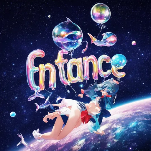 Prompt: Abstract illustration colorful shapes, neon realism style, layered, soft rounded forms, subtle gradients, bold pattern, the word "Entrance" in balloon like letters in mirroring chome and a few balloon like dolphins in mirroring chome flying through space, in the background there is a solar system but the planets are disco balls, in the lower part there is a sailor moon like character wirt a rave outfit