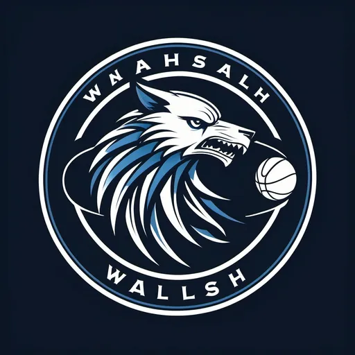 Prompt: "A bold, modern-classic logo for a basketball club named WALSH, featuring a stylized basketball and an elegant yet fierce animal (like an eagle or wolf) as a symbol. The design is in black and white, blue with clean lines and sharp details, merging traditional sports emblem style with a contemporary touch.”