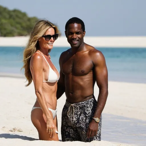 Prompt: elle macpherson on beach with black man