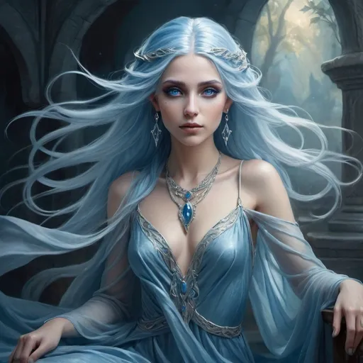 Prompt: Blue elf woman with white eyes and blue hair, ethereal fantasy painting, flowing gown and elegant jewelry, high quality, fantasy art, ethereal, detailed features, serene lighting, mystical atmosphere, long flowing hair, graceful pose, elegant, mystical, detailed eyes, serene, fantasy, ethereal tones, professional, atmospheric lighting