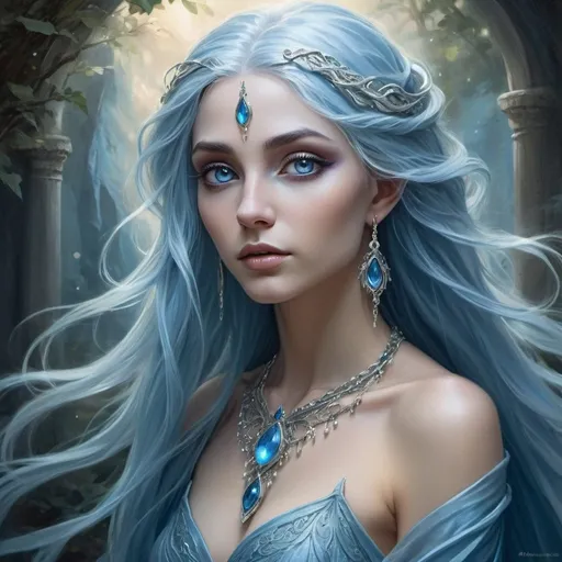 Prompt: Blue elf woman with white eyes and blue hair, ethereal fantasy painting, flowing gown and elegant jewelry, high quality, fantasy art, ethereal, detailed features, serene lighting, mystical atmosphere, long flowing hair, graceful pose, elegant, mystical, detailed eyes, serene, fantasy, ethereal tones, professional, atmospheric lighting