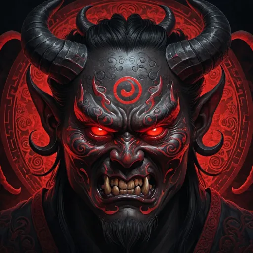 Prompt: Fantastically drawn Chinese demon, evil, high quality, detailed, digital painting, menacing, intense red and black tones, glowing red eyes, intricate horns, intricate scales, sinister expression, ominous atmosphere, eerie lighting, yin-yang symbol on forehead, dark, detailed, professional