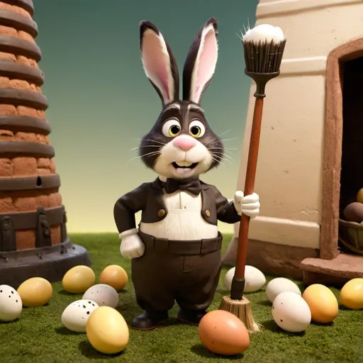 Prompt: brown and white easter bunny chimney sweeper with eggs
