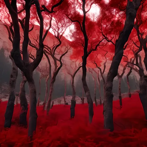 Prompt: Forest of red trees next to the mountain which slightly looks like a face of stone giant