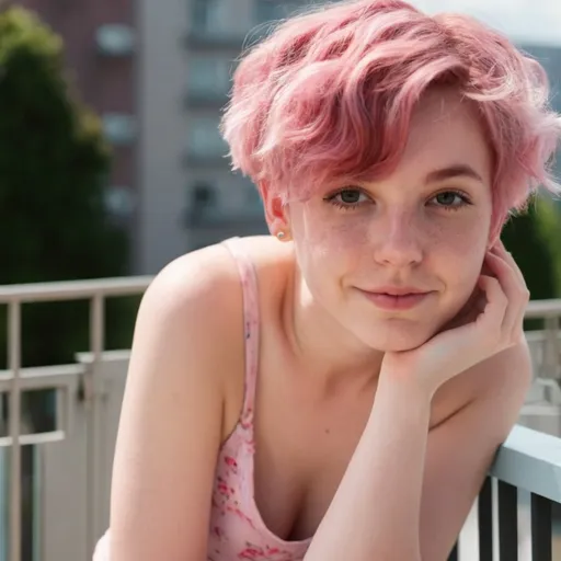 Prompt: Photo of a 25 year old girl.  Short, wavy, pink-dyed hair.  Sunbathing on a balcony.