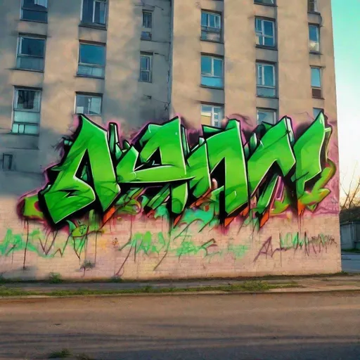 Prompt: Graffiti on the wall of a tall building with the word "AIAM" .  Wild style graffiti.  Graffiti of gradient green colors, with intense shadows.  The city in the background.  hd photo