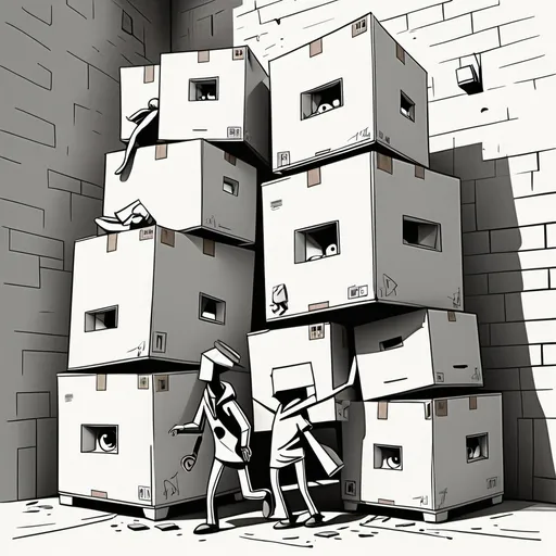 Prompt: (older age stick figure man and woman climbing out from under boxes and cameras), (graphic art style), energetic and playful vibe, bold black outlines, stark color palette, desaturated tones, whimsical composition, eye-catching details, old house setting, high contrast between the characters and the surroundings, (ultra-detailed)