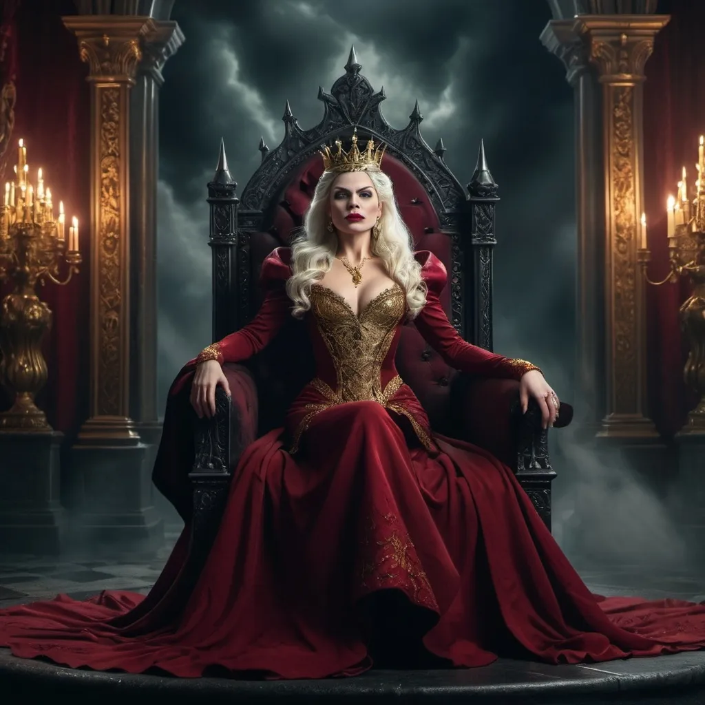 Prompt: evil queen with platinum blonde hair wearing a flowing red dress with gold accents, ruling over a dark crimson kingdom, sitting on a throne