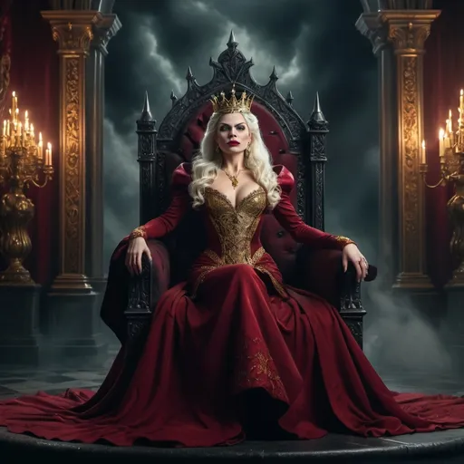 Prompt: evil queen with platinum blonde hair wearing a flowing red dress with gold accents, ruling over a dark crimson kingdom, sitting on a throne