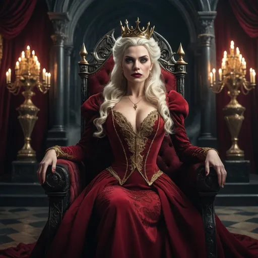 Prompt: (beautiful evil queen), platinum blonde hair, flowing red dress with gold accents, dark crimson kingdom, ornate throne, (dramatic lighting), ominous atmosphere, (highly detailed) backdrop featuring dark castles and swirling clouds, rich textures, (moody), cinematic style, deep shadows accentuating the queen's expression, regal pose, commanding presence, (4K) quality.