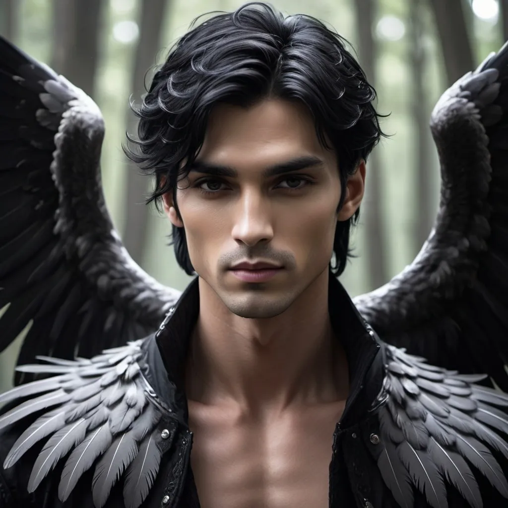 Prompt: handsome prince with black hair and feathered wings, chiseled cheekbones, dark aura and shadows falling over him