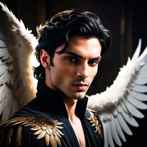 Prompt: (handsome prince with black feathered wings), black hair, (chiseled cheekbones), dark aura, shadows falling over him, mystical and imposing presence, enchanting and dark atmosphere, soft ethereal glow highlighting wing details, rich deep colors, (dramatic lighting), intricate textures, high-quality 4K image, captivating and striking composition, aura of power and mystery.