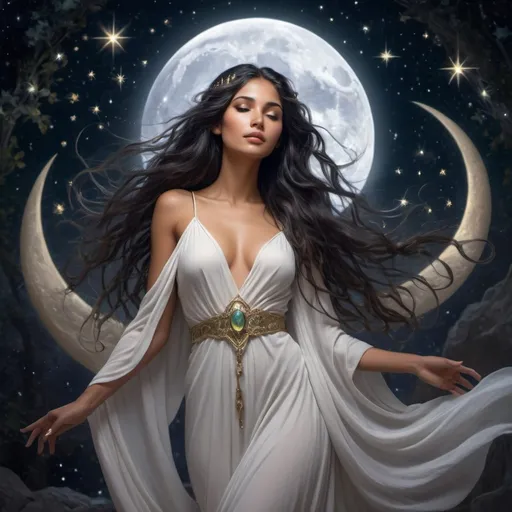 Prompt: goddess of the moon, ethereal, olive skin tone, dark hair, moon and stars, cool tone light emanating