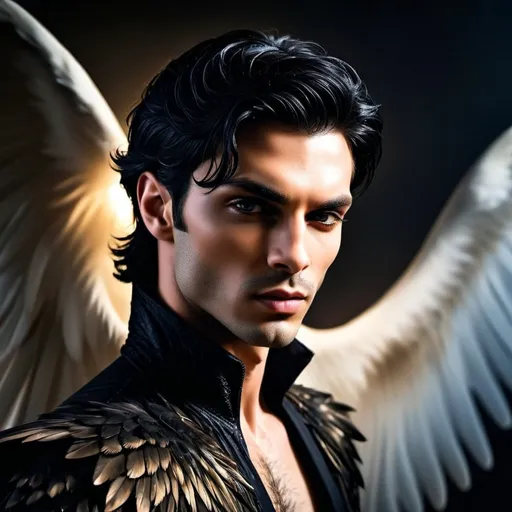 Prompt: (handsome prince with black feathered wings), black hair, (chiseled cheekbones), dark aura, shadows falling over him, mystical and imposing presence, enchanting and dark atmosphere, soft ethereal glow highlighting wing details, rich deep colors, (dramatic lighting), intricate textures, high-quality 4K image, captivating and striking composition, aura of power and mystery.