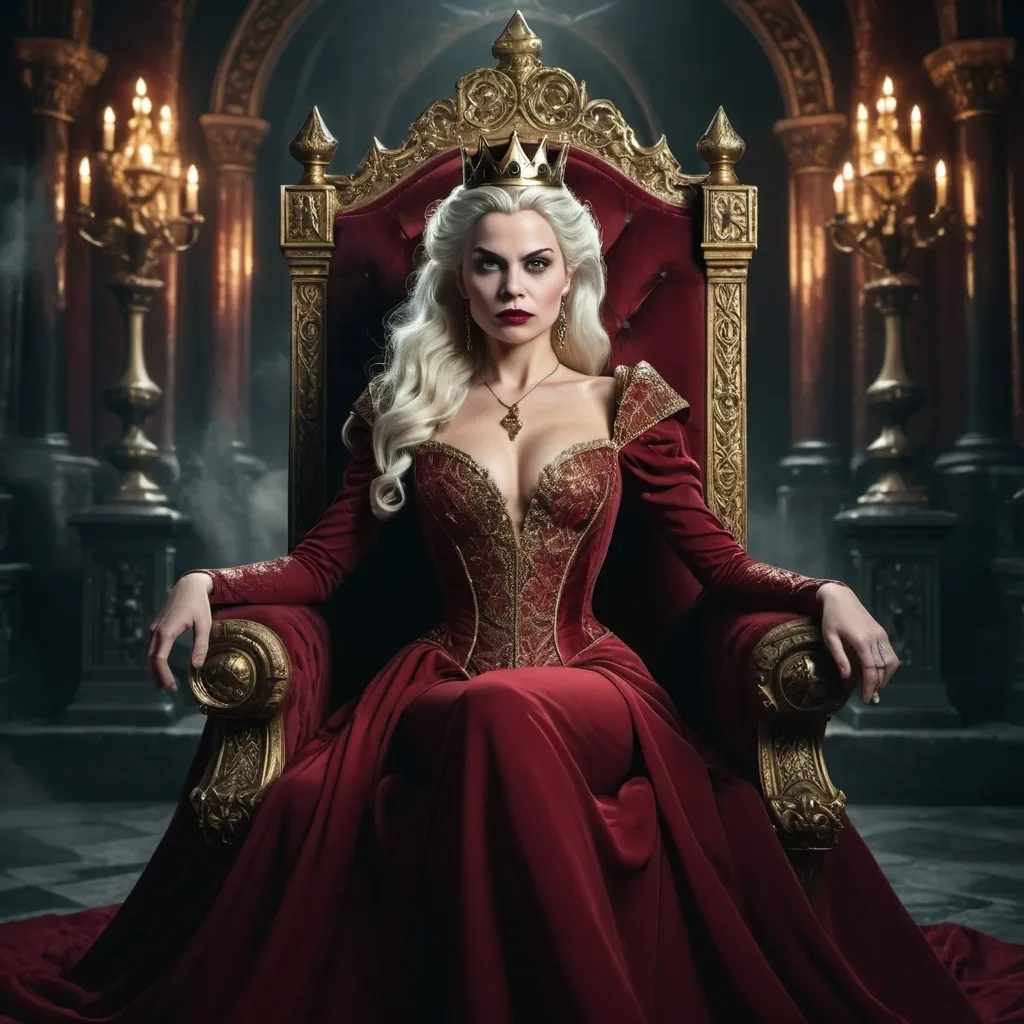 Prompt: (beautiful evil queen), platinum blonde hair, flowing red dress with gold accents, dark crimson kingdom, ornate throne, (dramatic lighting), ominous atmosphere, (highly detailed) backdrop featuring dark castles and swirling clouds, rich textures, (moody), cinematic style, deep shadows accentuating the queen's expression, regal pose, commanding presence, (4K) quality.