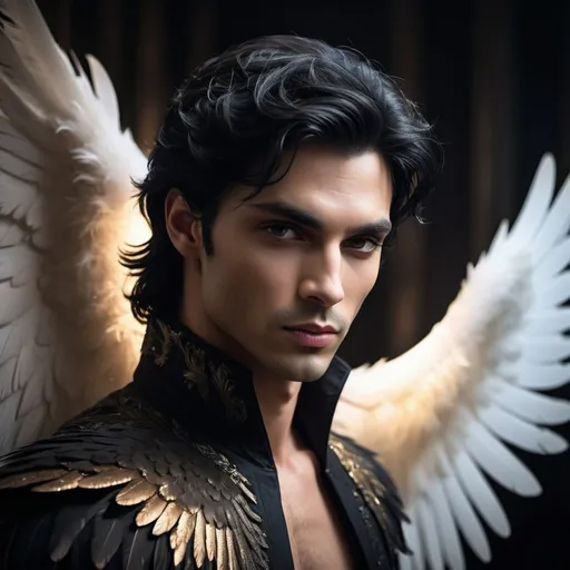 Prompt: handsome prince with black hair and feathered wings, chiseled cheekbones, dark aura and shadows falling over him