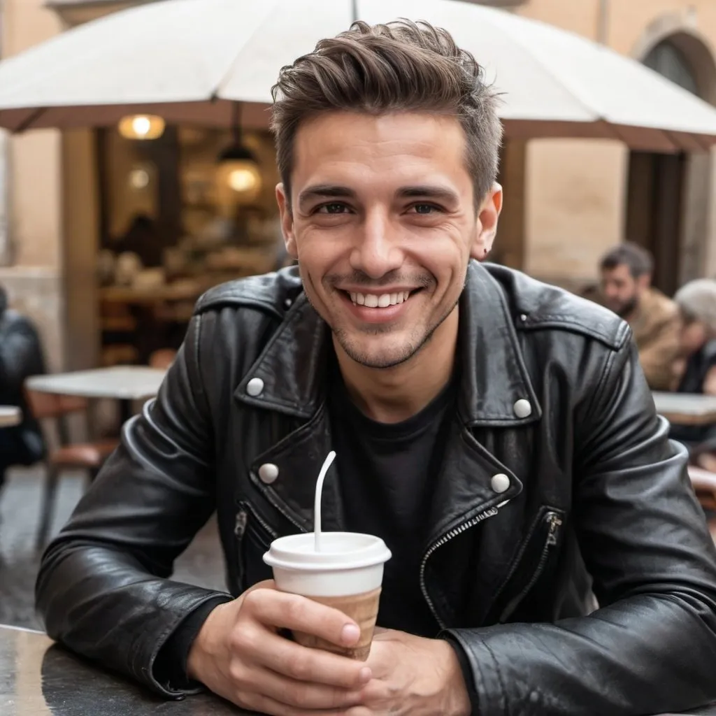 Prompt: phororealistic attractive male sitting in the cafe, smiling without teeth shown. drinking espresso in italy, Rome. Its rainy in the background. he has black leather jacket
he is bold and 
