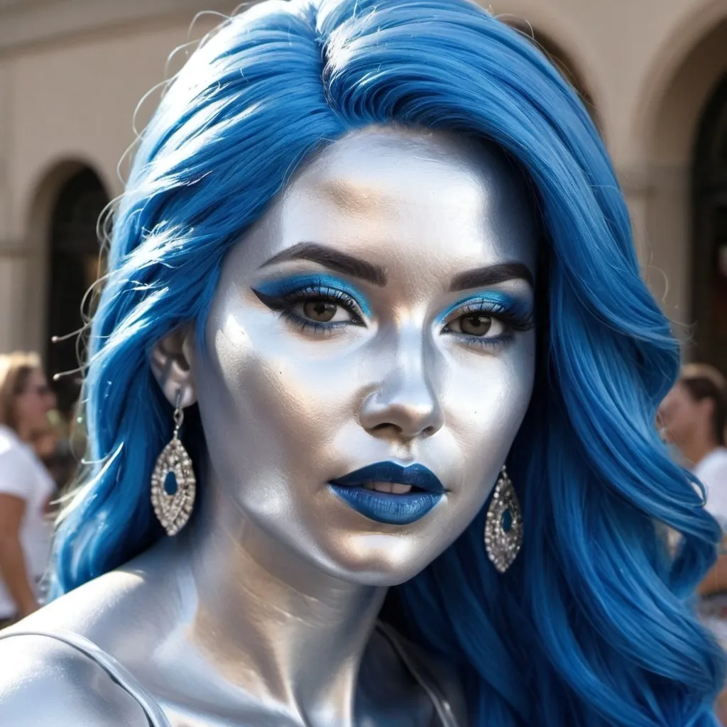 Prompt: Hispanic women Living statue, only silver tone, lifelike expression, detailed face head body , perfectly sculpted face head body belly, facial head body belly features, lifelike silver paint, wearing blue tank tops, long blue hair, realistic human sculpture, high quality, lifelike, metallic tones, detailed, professional sculpting, artistic, atmospheric lighting, statue, realistic, only silver paint, face head body belly all entirely covered in pure silver paint, blue lips, blue makeup,