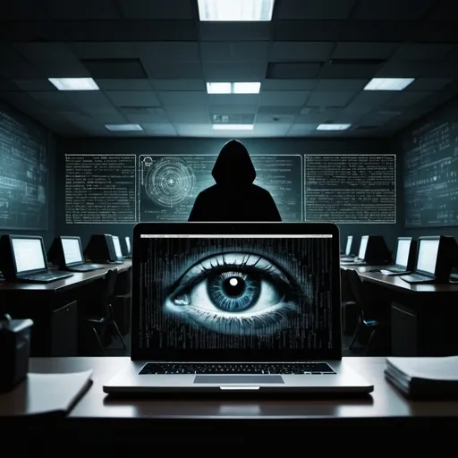 Prompt: The background is dark in color, emphasizing the dystopian atmosphere. The eye motif is located in the center, highlighting the symbolism of surveillance, while digital codes and data flow images are mixed around it, suggesting the importance of hacking and security systems. In the background, the faint silhouette of a university classroom suggests the location of the incident, and on one side, an image of a laptop is placed as the key to the incident. The “Watching Eye” title is placed in a modern, stylish font with the author’s name in harmony at the top. The overall design conveys tension and anxiety through a chaotic atmosphere.