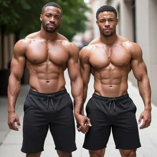Prompt: please create for me a gay black couple that are mixed race african in featured with muscular bodies