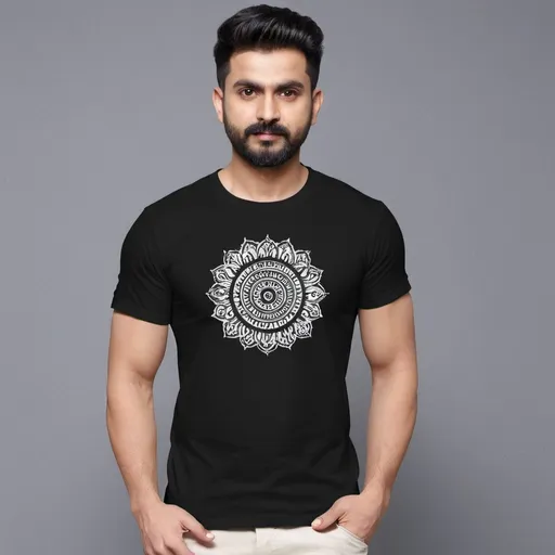 Prompt: Print a T-shirt half sleeve in solid black color with the printing of अहम् ब्रह्मास्मि it should unique and premium