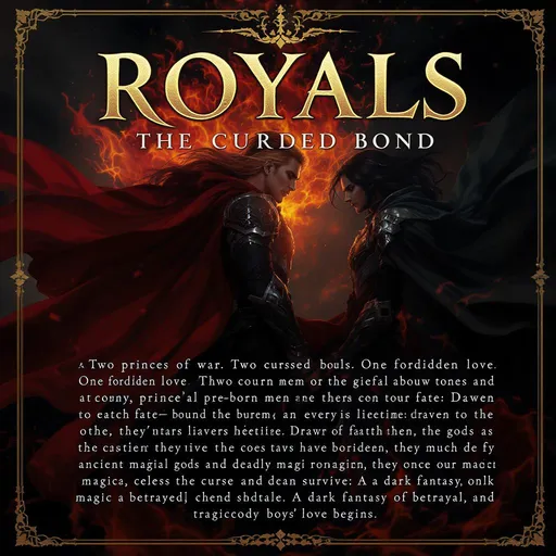 Prompt: "ROYALS: The Cursed Bond" — Cover Explanation (BL-focused)
Two princes of war.
Two cursed souls.
One forbidden love.

A crown prince and a rival general—both young men bound by fate—are reborn as enemies in every lifetime. Drawn to each other by a love the gods have forbidden, they must defy ancient magic, celestial gods, and a deadly curse that promises only one can survive.

A dark fantasy of betrayal, magic, and tragic boys' love begins.



