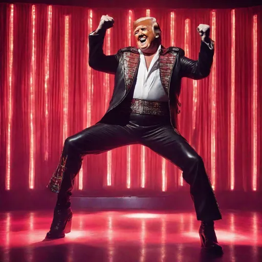 Prompt: KING COMEBACK Rock n Roll Donald Trump Laughting ,  in Elvis  one-piece Leather Jumpsuit, on neon red-lit stage #17, dynamic dance moves , fist in the air victorious
