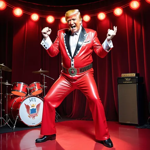 Prompt: Poster: KING COMEBACK Rock n Roll Donald Trump happy Laughting  ,  in Elvis  one-piece Leather Jumpsuit, alone  on neon bulbs red-lit stage #17, red eagle trump coat-of-arm seal , dynamic dance moves , fist in the air victorious