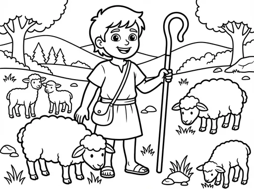 Prompt: Create a black-and-white line art illustration for a children’s coloring book (ages 6–12). Scene: Young David tending sheep with a sling over his shoulder, smiling. Style: simple, fun, kid-friendly, clean outlines, easy to color. Include small rocks and grass in the background.