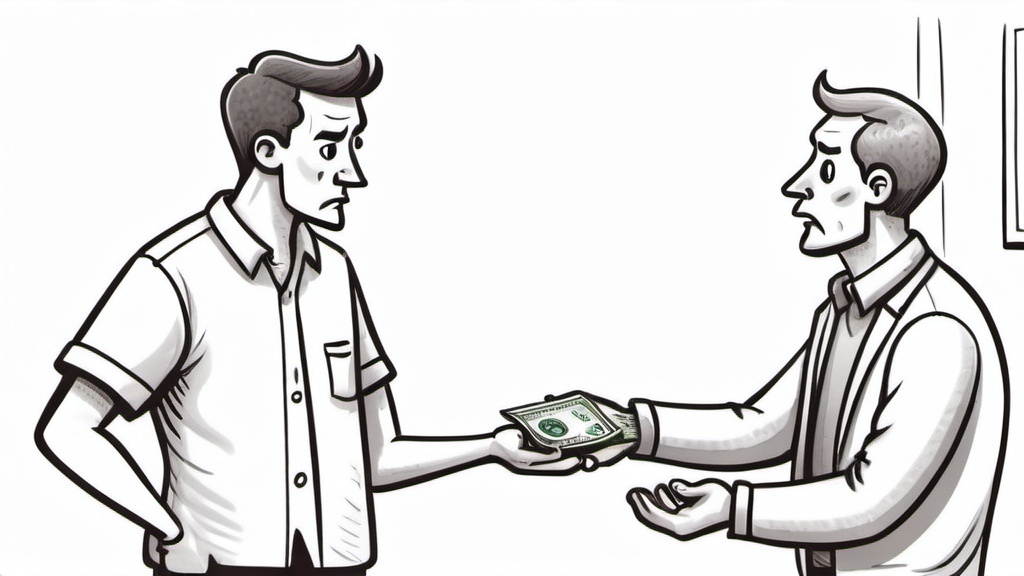 Prompt: Cartoon style hand drawn illustration of a man refusing to take money, negative behavior 