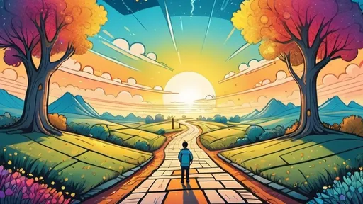 Prompt: (cartoon style hand-drawn illustration of a person standing at a crossroads), myriad paths extending in all directions, each path brightly lit and inviting, colorful and whimsical scene, vibrant colors, warm and cheerful atmosphere, detailed landscapes for each path, diverse scenery themes, high contrast lighting, sunny sky, animated and lively background, enchanting and fantastical feel, ultra-detailed, 4K illustration.