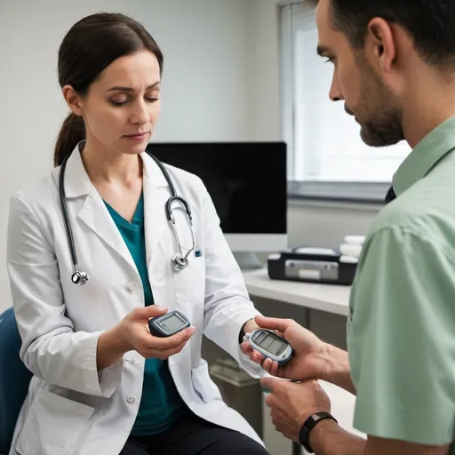 Prompt: A doctor in a modern medical office explains the use of a continuous glucose monitor to a patient. The doctor is holding the small device, showing the patient how it works, with a calm and professional demeanor. The patient, seated on an exam chair, is listening attentively, wearing casual clothing. A screen in the background shows glucose level data charts. The office has medical equipment, clean lines, and soft lighting, creating a welcoming and informative environment.