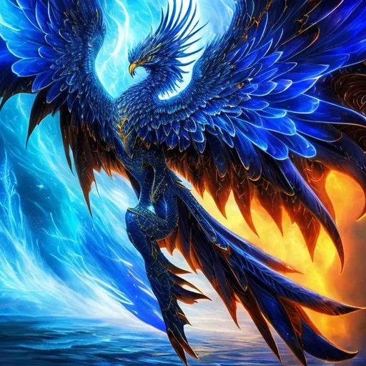 Prompt: Full view of Beautiful 3d Vibrant royal blue phoenix, closed wings around body with graceful streamline body rising from ocean whirlpool dramatically and bright white glow in background, nautical shiny metal detail on 2 wings, HDR, 8k, intricate detail on feathered wings, hyper detail, 64k,  high depth, fantasy art, 3d wings, digital art, artstation, perspective view