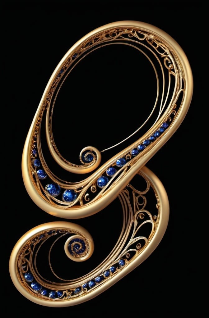 Prompt:  3d thin fine hyper realistic flowing delicate gold metallic curled lines with small sapphires embedded , gold shine, hdr,, artstation, 64k, hyper detailed, ,  hyper realistic,. Black background 