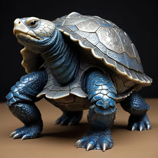 Prompt: A dragon headed turtle. It stands about three feet tall, with a stocky and compact body. Its exoskeleton is a mix of metallic hues, ranging from deep blues to shimmering silvers. The turtle shell on its back is shaped like a shield, with intricate patterns etched into its surface. The Shieldback's legs are thick and sturdy, allowing it to hold its ground firmly. It has a dragon head. Its dragon like eyes are bright and alert, with a hint of determination shining through. It’s dragon maw roars. Overall, the Shieldback has a formidable and imposing appearance, exuding a sense of strength and resilience. Just looking at it gives you a sense of security