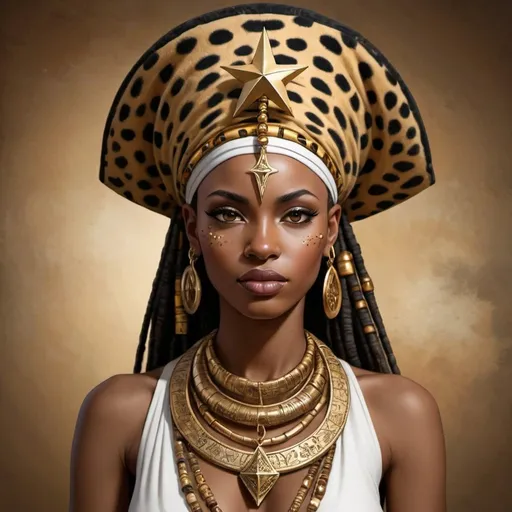 Prompt: Modern day Seshat goddess African decent with 7 point star head dress and draped in leopard, with scroll in hand